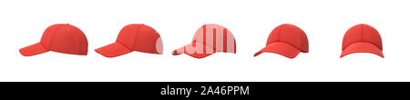 Le rendu 3D de 5 casquettes de baseball rouge indiqué sur une ligne d'un côté à l'avant vue sur un fond blanc. Baseball gear. Sport style. American headwear. Banque D'Images