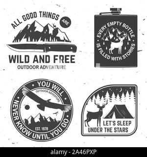 Ensemble de citations de l'aventure de plein air symbole. Vector illustration. Concept pour chemise ou d'un logo, d'impression, de timbres ou de pièce en t. Vintage design avec couteau, montagnes, deer, Condor, tente et silhouette de la forêt Illustration de Vecteur