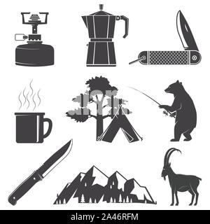 Ensemble d'icônes de randonnée et de camping isolé sur le fond blanc. Vector illustration. Set : ours pêche, montagnes, couteau, tente, tasse, café, chèvre, cuisinière à gaz et de la forêt d'ossature Illustration de Vecteur