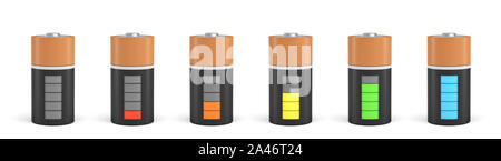 Le rendu 3D de six piles de type C avec indicateur de charge à différents stades de niveaux d'énergie. Charge maximale. Batteries épuisées. Nouveau et vieux port Banque D'Images