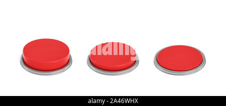 Le rendu 3D d'un ensemble de trois boutons ronds rouges à différents stades d'être poussé vers le bas. Les commandes de la machine. L'interrupteur rouge. Bouton de sécurité. Banque D'Images