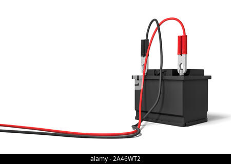 Le rendu 3D d'une batterie de voiture avec des colliers rouge et noir de la batterie connectée à de longs câbles. Chargeur de batterie. Source d'alimentation. Pièces de rechange. Banque D'Images