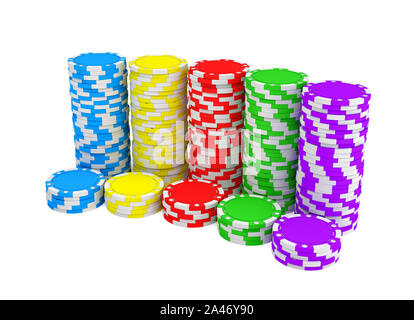 Le rendu 3D de plusieurs piles de jetons en vert, jaune, rouge, bleu et violet couleurs sur un fond blanc. Jetons confessions. Casino mone Banque D'Images