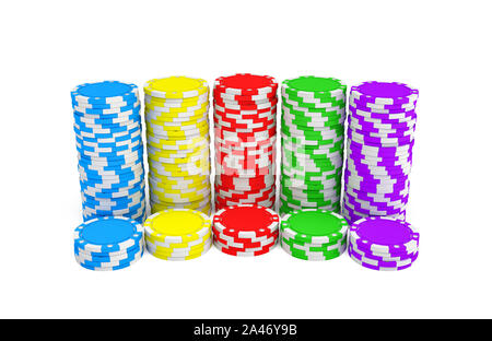 Le rendu 3D de plusieurs piles de jetons en vert, jaune, rouge, bleu et violet couleurs sur un fond blanc. Jetons confessions. Casino mone Banque D'Images