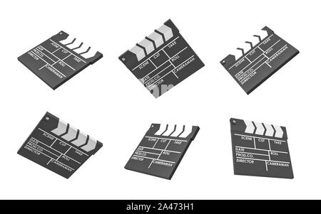 Le rendu 3d du film noir 6 clapperboards avec les lignes vides pour le titre et les créateurs d'un film. On réalise un film. Un autre film tourné. Artistiques Banque D'Images