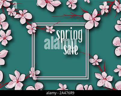 Modèle japonais avec vente colorés pour marketing design. Fleur de printemps l'arrière-plan. Marketing business concept. Shopping, offre, réduction background Illustration de Vecteur