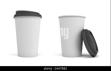 Le rendu 3d de deux tasses à café en papier blanc avec un couvercle noir, un fermé et un ouvert et s'appuyant sur la tasse. Tasses à café générique. Mug modèle. Le café Banque D'Images