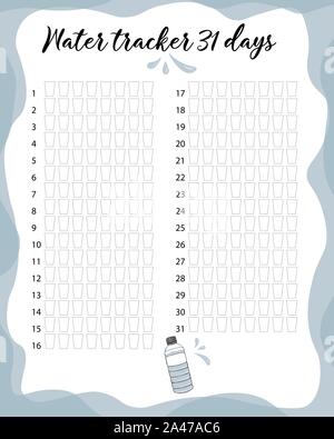 La consommation d'eau par semaine et mois. L'équilibre de l'eau Calendrier des vecteurs. Suivi mensuel de l'eau. Illustration de Vecteur
