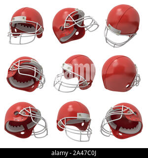 Le rendu 3D d'un grand nombre de casques de football américain rouge voler dans plusieurs positions sur un fond blanc. Casquettes de sport. Joueur de football américain. Athlète Banque D'Images