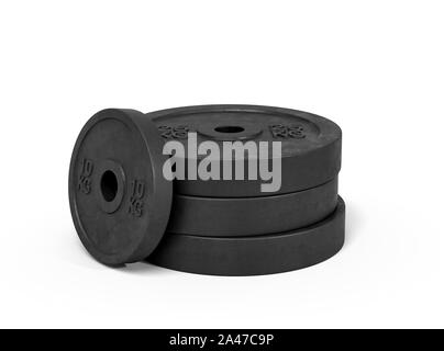 Le rendu 3D d'une pile faite de plusieurs poids lourds barbell noir sur fond blanc. Le levage de poids. Outils de culturisme. Choisissez votre poids. Banque D'Images