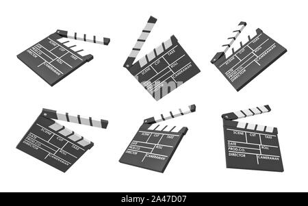 Le rendu 3d du film noir 6 clapperboards avec les lignes vides pour le titre et les créateurs d'un film. On réalise un film. Un autre film tourné. Artistiques Banque D'Images