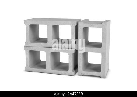 Le rendu 3d de trois parpaings isolé sur un fond blanc, deux des blocs sont le mensonge et la troisième est en position verticale. Building Banque D'Images