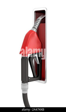 Le rendu 3D d'une nouvelle buse noire et rouge encore attaché à un support sur fond blanc. La station de carburant. Billet d'arrêter. Payer pour le gaz. Banque D'Images