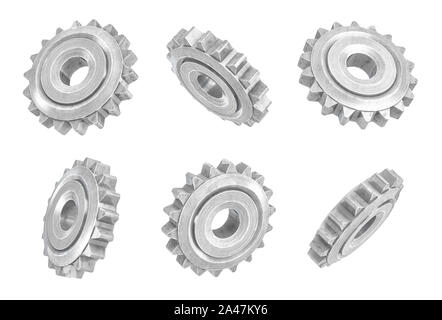 Le rendu 3D de plusieurs engrenages métalliques suspendus dans différents angles sur un fond blanc. Les pièces mécaniques. Les pièces internes de l'équipement. Le changement de vitesse Banque D'Images