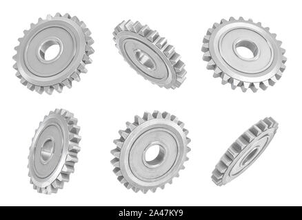 Le rendu 3D de plusieurs engrenages métalliques suspendus dans différents angles sur un fond blanc. Les pièces mécaniques. Les pièces internes de l'équipement. Le changement de vitesse Banque D'Images