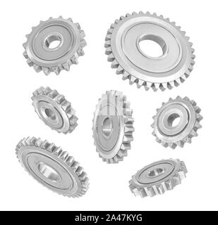 Le rendu 3D de plusieurs engrenages métalliques suspendus dans différents angles sur un fond blanc. Les pièces mécaniques. Les pièces internes de l'équipement. Le changement de vitesse Banque D'Images