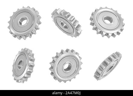 Le rendu 3D de plusieurs engrenages métalliques suspendus dans différents angles sur un fond blanc. Les pièces mécaniques. Les pièces internes de l'équipement. Le changement de vitesse Banque D'Images
