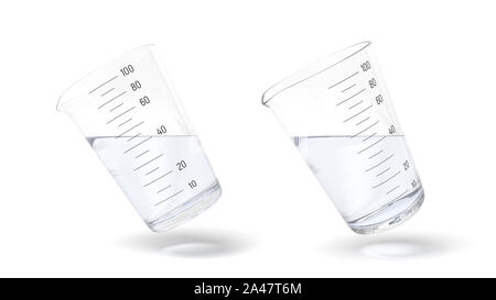 Le rendu 3d de deux tasses à mesurer la moitié rempli de liquide transparent, isolé sur fond blanc. Art numérique des ustensiles de cuisine. Poids de cuisson Banque D'Images