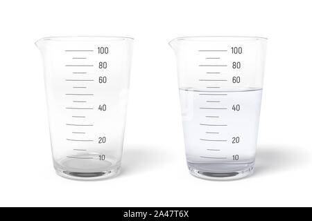 Le rendu 3d de deux tasses à mesurer la moitié rempli de liquide transparent, isolé sur fond blanc. Art numérique des ustensiles de cuisine. Poids de cuisson Banque D'Images