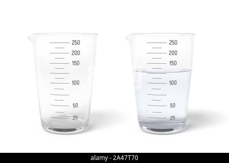 Le rendu 3d de deux tasses à mesurer la moitié rempli de liquide transparent, isolé sur fond blanc. Art numérique des ustensiles de cuisine. Poids de cuisson Banque D'Images