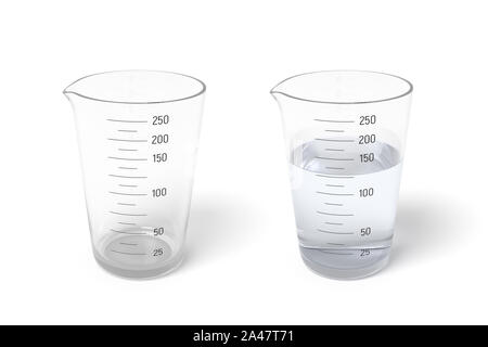 Le rendu 3d de deux tasses à mesurer la moitié rempli de liquide transparent, isolé sur fond blanc. Art numérique des ustensiles de cuisine. Poids de cuisson Banque D'Images