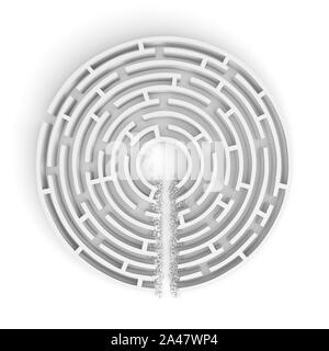 Le rendu 3D d'un rond blanc labyrinthe avec une route directe couper bien au centre. Route vers le succès. Des solutions inattendues. Dédales et labyrinthes. Banque D'Images