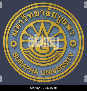 Chon Buri, Thaïlande - Mars 16, 2019 : Jaune sur bleu marine logo de l'Université Burapha, est un emblème circulaire avec Roman et Thai lettres à long-hard B Banque D'Images