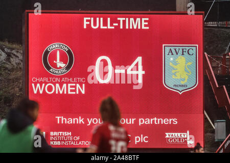 Londres, Royaume-Uni. 12 octobre, 2019. LONDON, Royaume-uni le 12 octobre. Le score final de FA Women's Championship entre Charlton Athletic et Aston Villa à l'Valley Stadium, Londres, Royaume-Uni le 12 octobre 2019 : Crédit photo Action Sport/Alamy Live News Banque D'Images