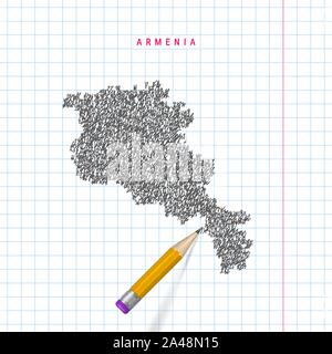 L'Arménie sketch scribble carte dessinée sur ordinateur portable à l'école à carreaux papier fond. Hand drawn vector map d'Arménie. Crayon 3D réaliste avec du caoutchouc. Illustration de Vecteur
