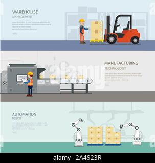 Ensemble de bannières avec entrepôt travailleur dans l'illustration vectorielle du processus Illustration de Vecteur