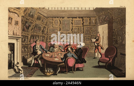 Regency messieurs punch potable dans le duc de Devonshire's photo gallery de Chatsworth House. Un domestique apporte un bol à punch. Les murs couverts de peintures à l'huile en images. gaudy Le Dr Syntaxe avec mon seigneur. La gravure sur cuivre coloriée dessiné et gravé par Thomas ROWLANDSON de William Combe's Le Tour de syntaxe médecin à la recherche du pittoresque, Rudolph Ackermann, Londres, 1813. Banque D'Images