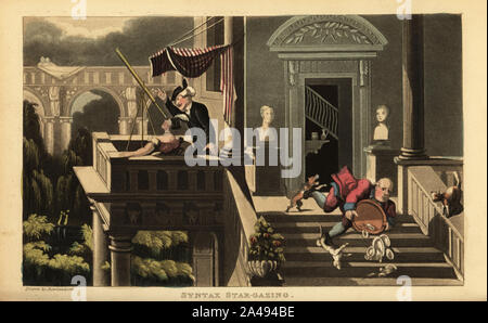 Regency parson et Lady MacNight regardant les étoiles à travers un télescope de l'observatoire de balcon une demeure seigneuriale. Valet irlandais Pat tombe dans l'escalier. Le Dr Syntaxe les étoiles. La gravure sur cuivre coloriée dessiné et gravé par Thomas ROWLANDSON de William Combe's Le Tour de syntaxe médecin à la recherche d'une femme, Rudolph Ackermann, Londres, 1821. Banque D'Images