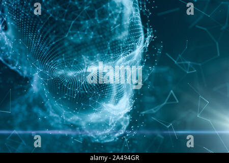 Tête humaine composée de lignes technologiques avec le concept de l'intelligence artificielle, rendu 3D. Dessin numérique de l'ordinateur. Banque D'Images