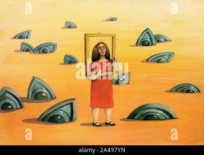 Femme entourée par les yeux de pierre peinture surréaliste thème psychologique Banque D'Images