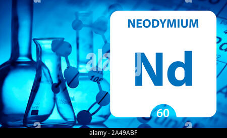 Le Néodyme Nd, élément chimique signe. Le rendu 3D isolé sur fond blanc. L'élément chimique en néodyme 60 pour les expériences scientifiques en science de classe Banque D'Images