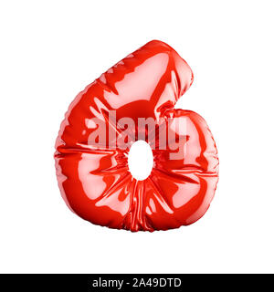 Alphabet anglais ballon rouge chiffres nombre de polices 6 six caractères sur fond blanc. Jours fériés et l'éducation concept. Le rendu 3d illustration Banque D'Images