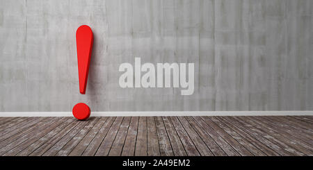 Point d'exclamation rouge sur un parquet en bois et de murs de béton 3D Illustration Concept d'avertissement Banque D'Images