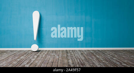 Point d'exclamation blanc sur un parquet en bois et de murs de béton 3D Illustration Concept d'avertissement Banque D'Images