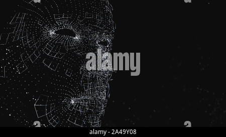 Visage humain composé de lignes et points lumineux. 3D illustration sur fond noir Banque D'Images