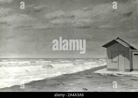 Cabane sur la plage, la peinture par l'artiste italien Alfonso di Pasquale, 1960 Banque D'Images