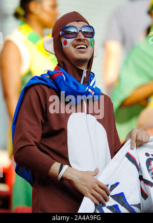 Stade FIFA Cologne Allemagne 22.06.2005, Football : Coupe des Confédérations au Japon (JPN, bleu) vs Brésil (BRA, jaune) 2:2 ; le Japon en costume de ventilateur Banque D'Images