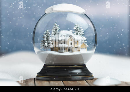 Joyeux noël snow globe avec une maison sur fond d'hiver de neige. 3d illustration Banque D'Images