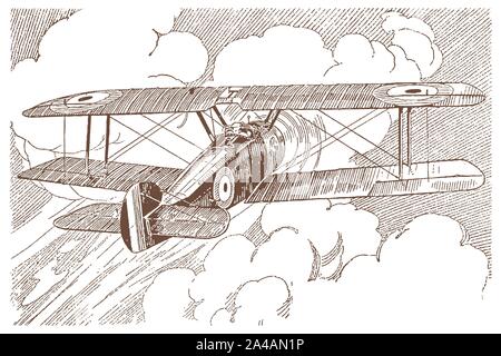 Un seul moteur britannique historique d'un siège de tracteur d'un biplan en vue de dos, vol face à d'énormes cumulus. Après un début d'illustration lithographie 20c Illustration de Vecteur