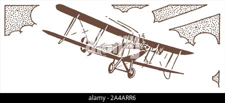 Un seul moteur historique de l'avion biplan en face d'un ciel nuageux. Après une illustration la lithographie du début du xxe siècle Illustration de Vecteur