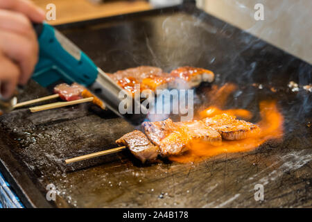 La friture brochette de boeuf Stick. Flamme de feu grillades de viande. Banque D'Images