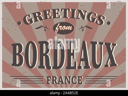 Bordeaux Retro Vintage tin sign signe souvenir vecteur ou une carte postale des modèles. Thème du voyage. Illustration de Vecteur