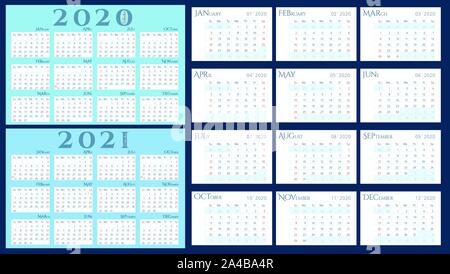 Calendrier mensuel mural modèle pour l'année 2020 dans un style minimaliste. Semaine commence le dimanche. Langue anglaise. L'orientation paysage. Vector EPS 10 Illustration de Vecteur