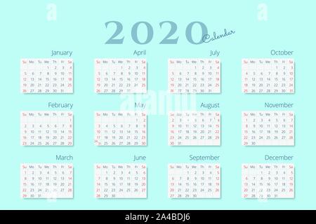 Modèle de calendrier pour l'année 2020 sur fond de couleur menthe. Semaine commence le dimanche. Vector EPS 10 Illustration de Vecteur