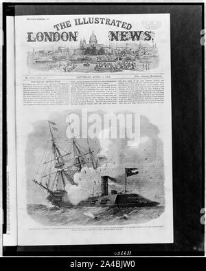 La guerre civile en Amérique du Nord--engagement naval à Hampton Roads : le fer à repasser vapeur confédéré dorés Merrimac (Virginie) ou en cours d'exécution le gouvernement fédéral / Cumberland sloop à partir d'un sketch par T. Nast. Banque D'Images