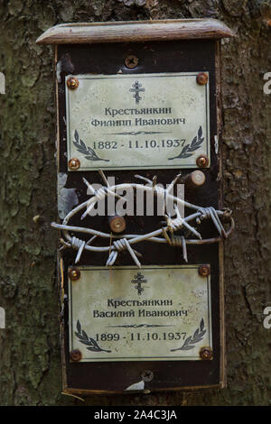 Plaque commémorative consacrée aux victimes de répressions politiques bolchevique installée à l'Levashovo Memorial Cemetery dans la forêt à côté de la gare de Levashovo près de Saint-Pétersbourg, en Russie. La forêt est devenu le lieu de sépulture de la masse de personnes exécutées au cours de la Grande purge par la police secrète soviétique NKVD, connu plus tard sous le nom de KGB. Il y avait au moins 19 000 victimes de répressions politiques enterrés ici de 1937 à 1954. Selon d'autres sources, environ 45 000 personnes pourraient être enterrés au Cimetière commémoratif à l'Levashovo dans des tombes. Banque D'Images